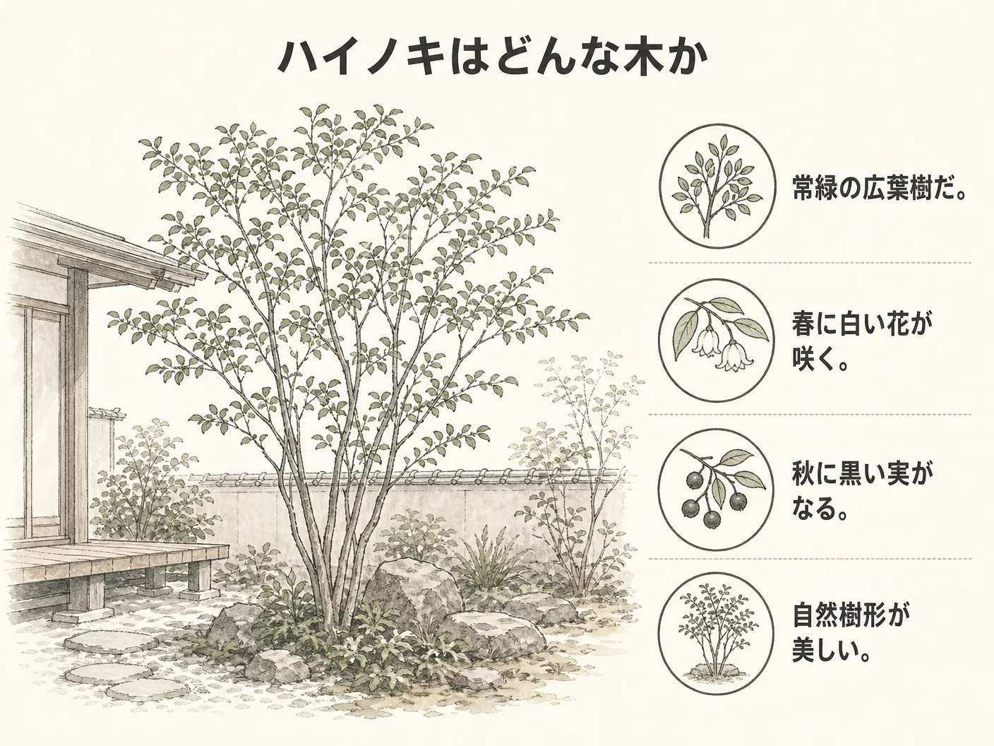 庭木 デメリットのハイノキはどんな木かを表す図解イラスト