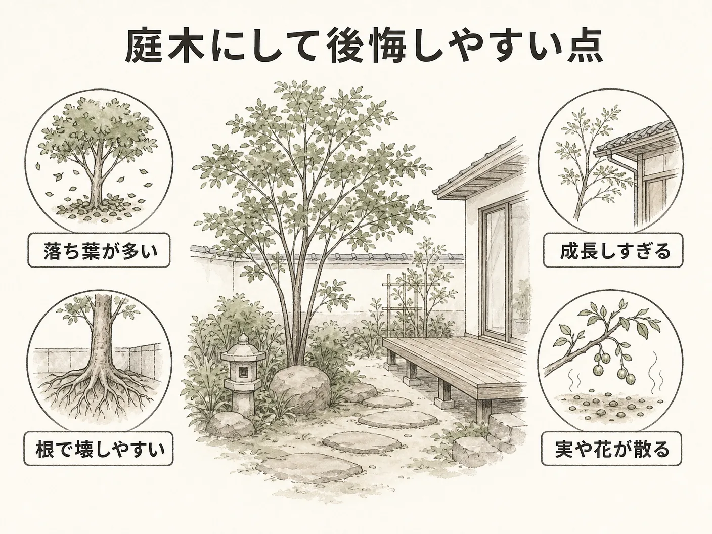 ハイノキ デメリットの庭木にして後悔しやすい点を表す図解イラスト