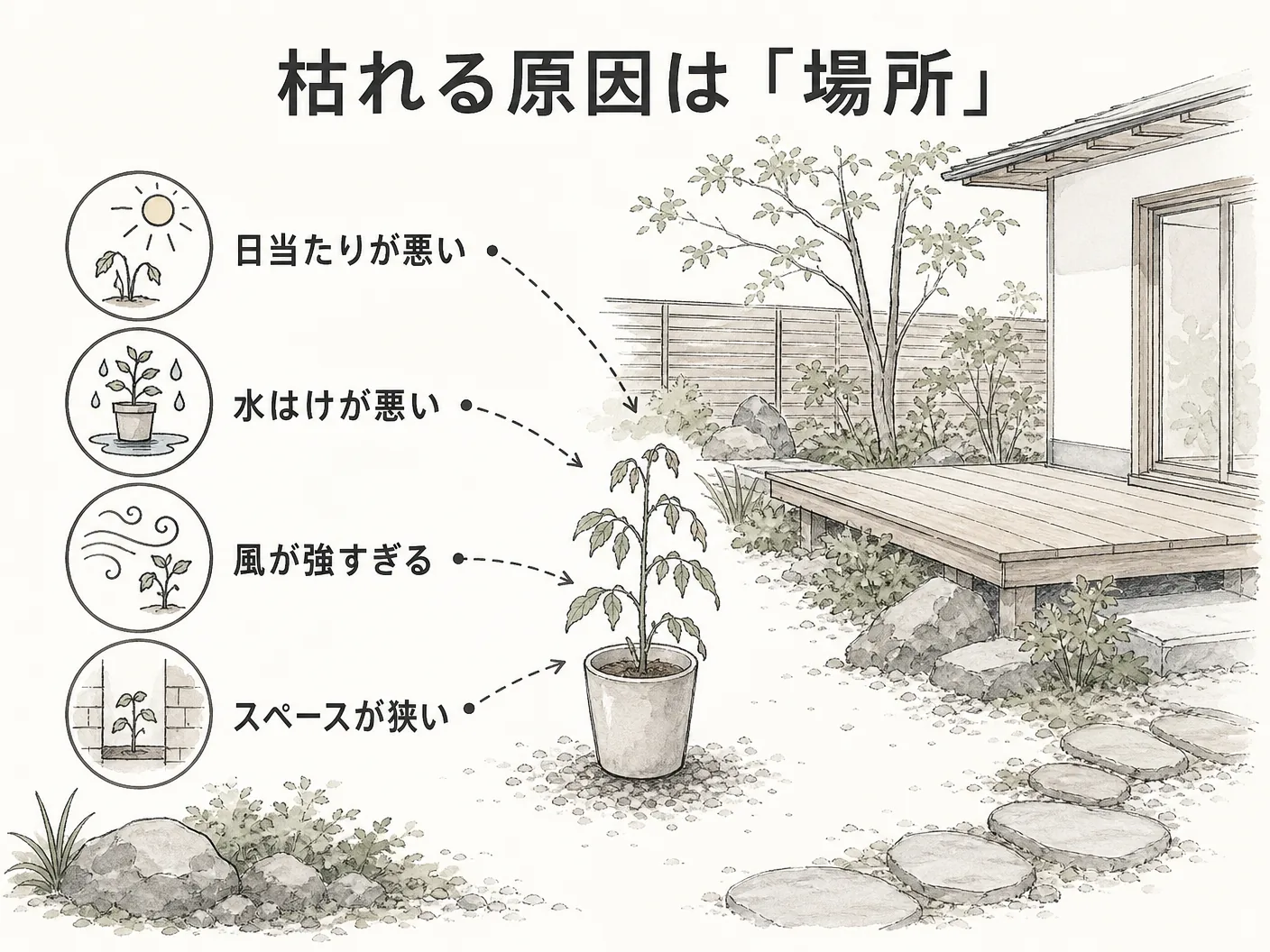 ハイノキ 庭木 デメリットの枯れる原因の多くは「場所」にあるを表す図解イラスト