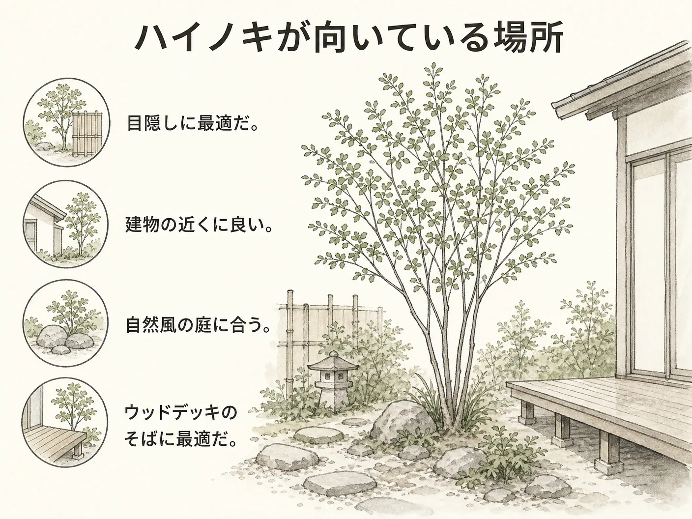 庭木 デメリットのハイノキが向いている場所を表す図解イラスト