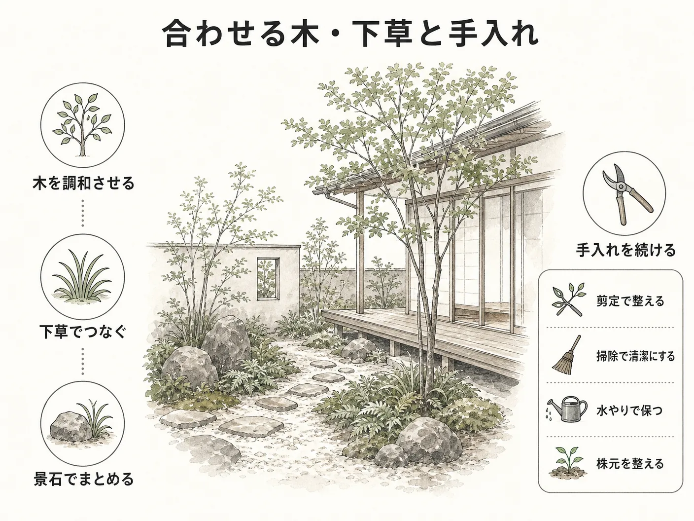 ハイノキ 庭木 デメリットの合わせる木・下草と手入れを表す図解イラスト