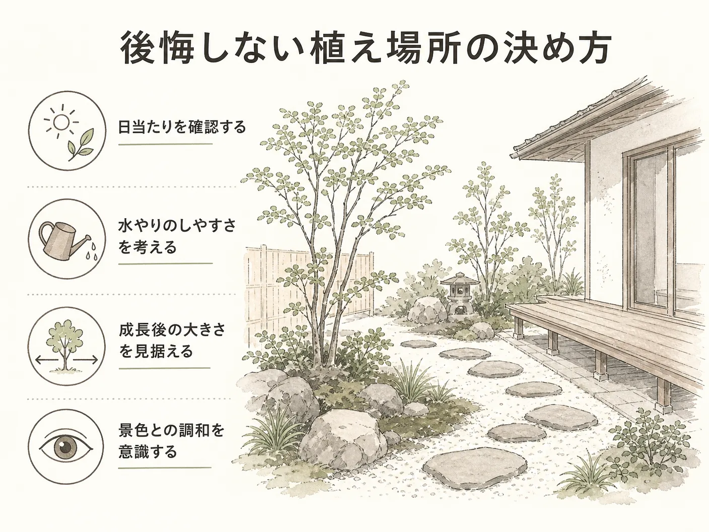 ジューンベリーの後悔しない植え場所の決め方を表す図解イラスト
