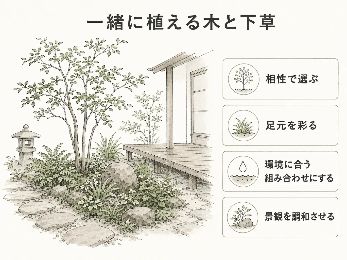 ジューンベリー 後悔の一緒に植える木と下草を表す図解イラスト