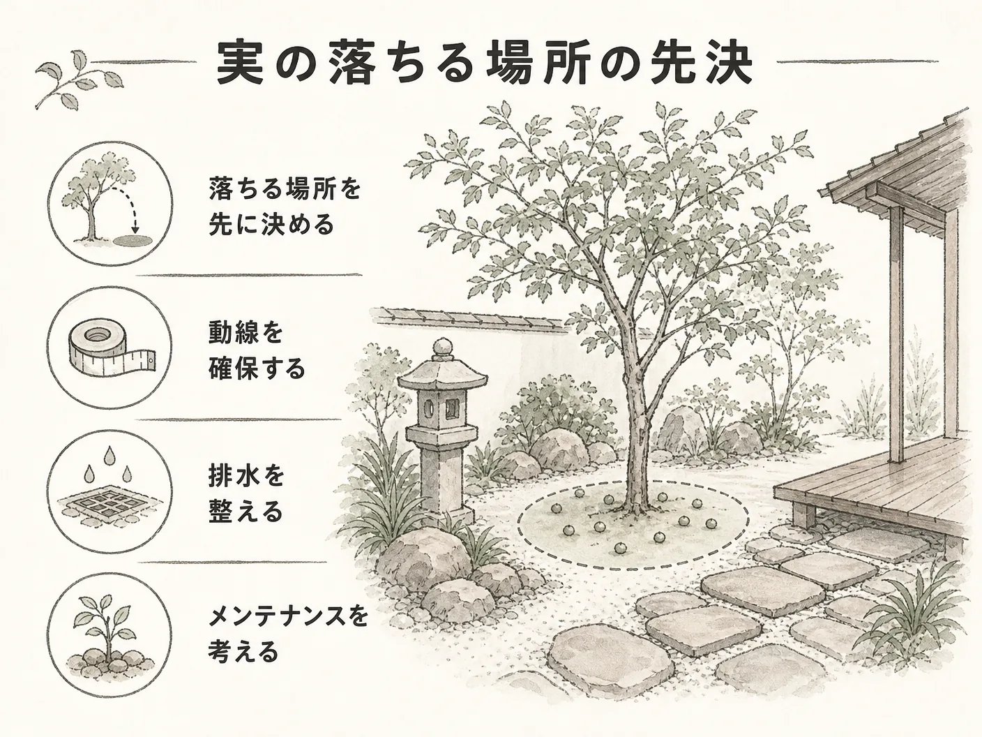ジューンベリー 後悔のまとめ:実の落ちる場所を先に決めるを表す図解イラスト