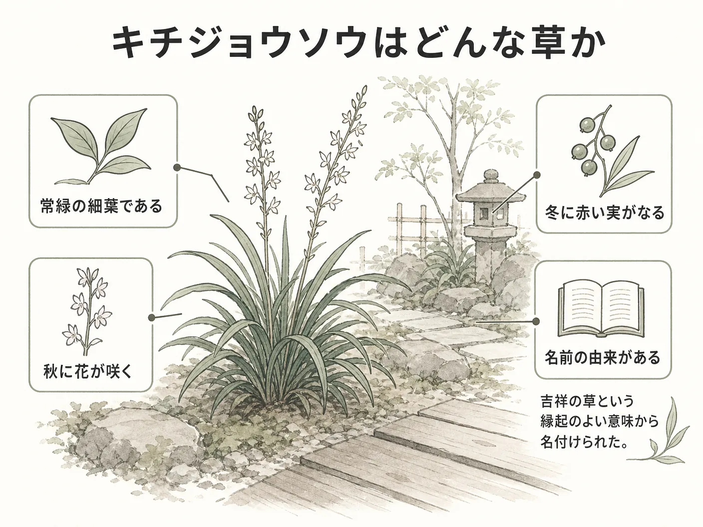 育て方のキチジョウソウはどんな草か|常緑の細葉と秋の花・赤い実、名前の由来を表す図解イラスト