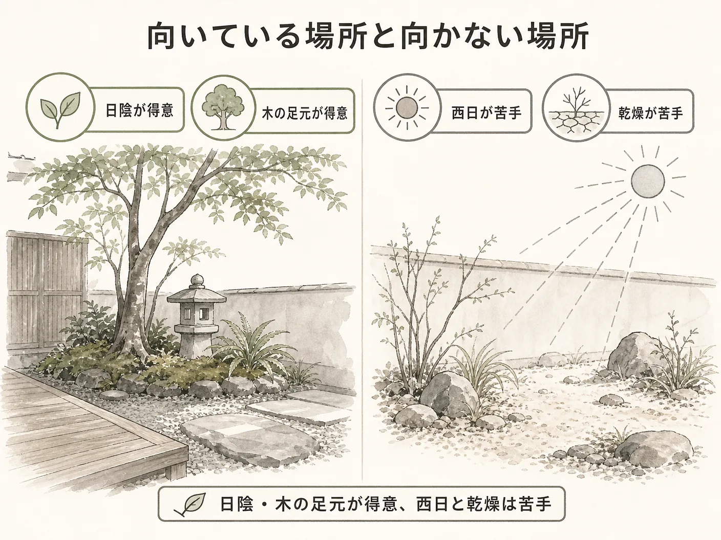 キチジョウソウ 育て方の向いている場所と向かない場所|日陰・木の足元が得意、西日と乾燥は苦手を表す図解イラスト