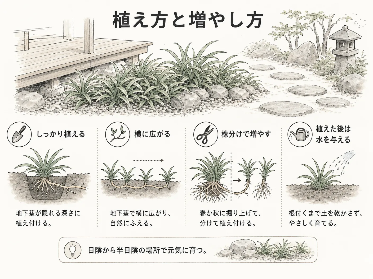 キチジョウソウ 育て方の植え方と増やし方|地下茎で広がる性質と株分けのコツを表す図解イラスト