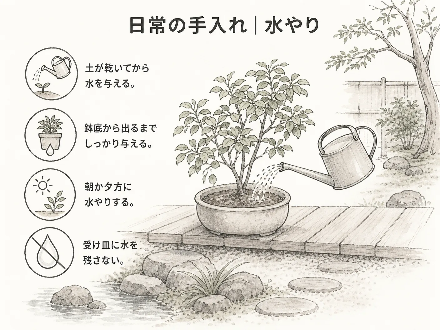 キチジョウソウ 育て方の日常の手入れ|水やり・傷んだ葉を切る・肥料はほぼ不要を表す図解イラスト