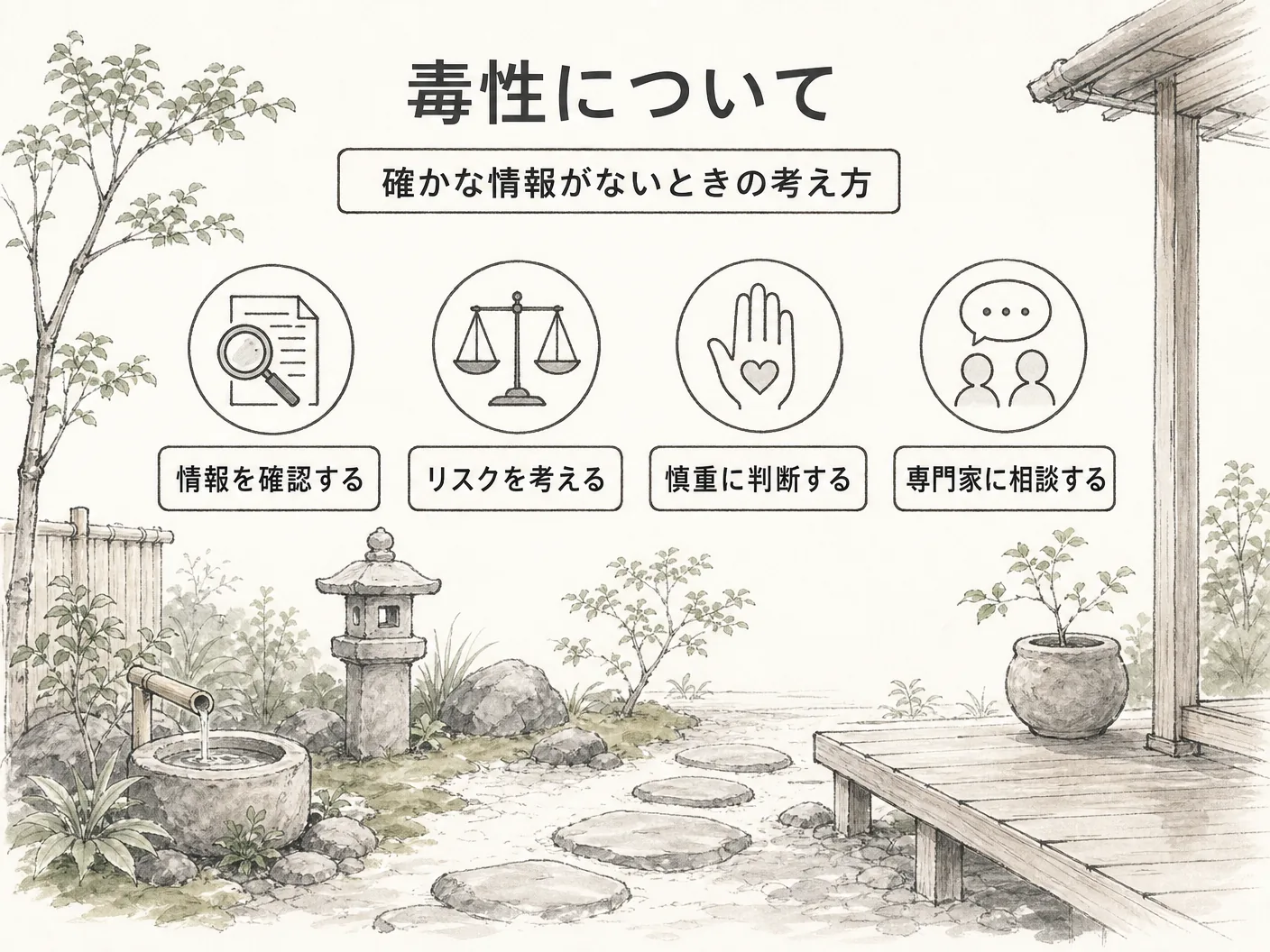 キチジョウソウ 育て方の毒性について|確かな情報がないときの考え方を表す図解イラスト