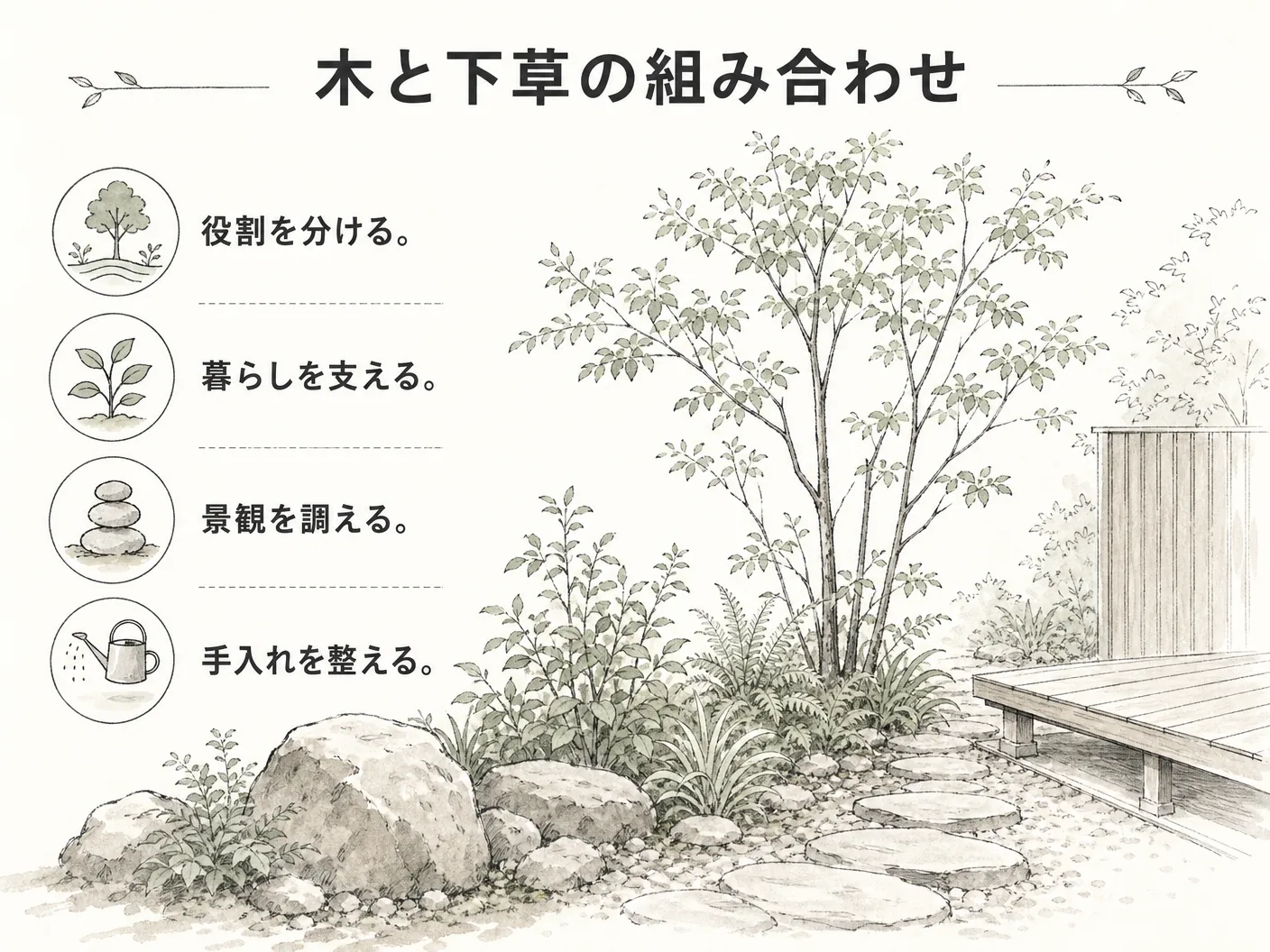 キチジョウソウ 育て方の一緒に植える木と下草の組み合わせを表す図解イラスト