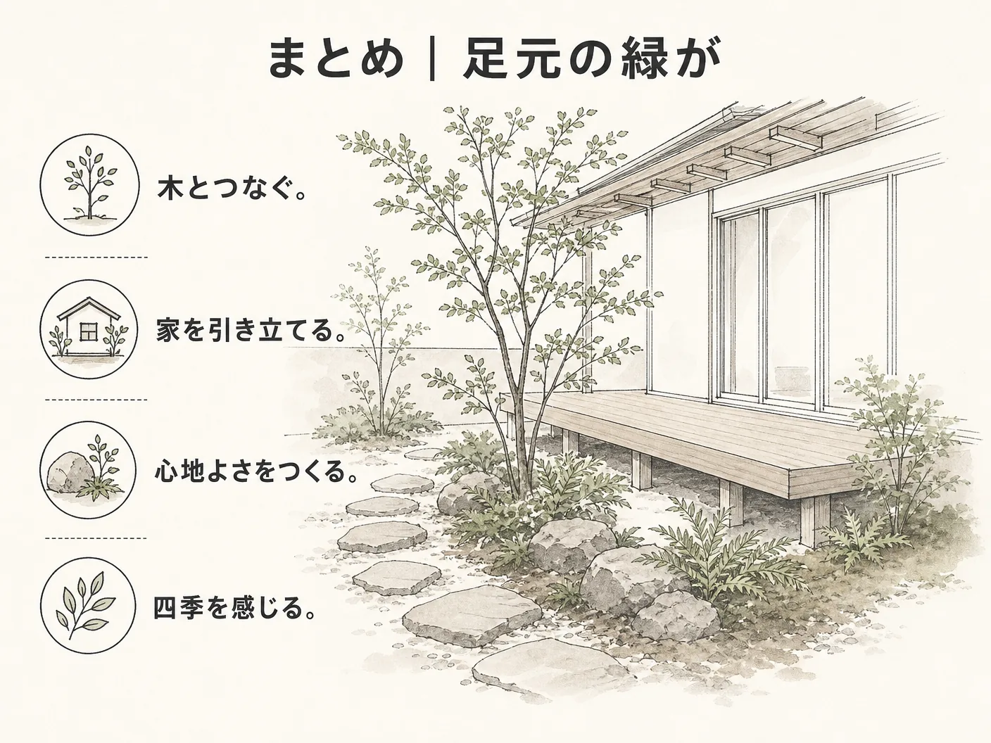 キチジョウソウ 育て方のまとめ|足元の緑が、木と家をつなぐを表す図解イラスト
