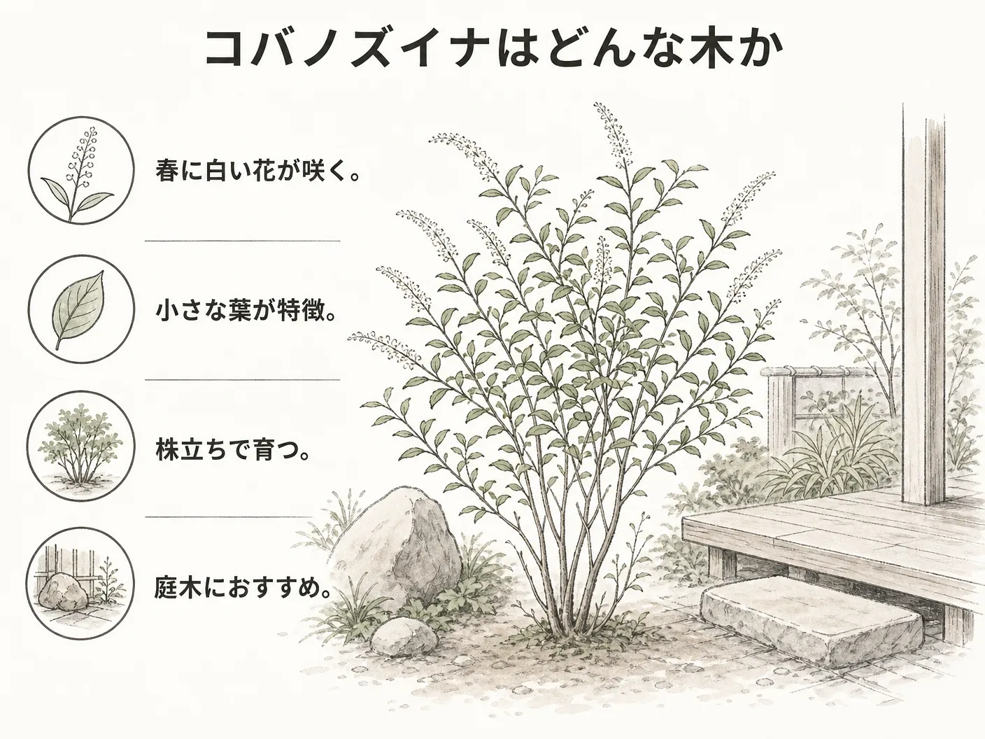庭のコバノズイナはどんな木かを表す図解イラスト