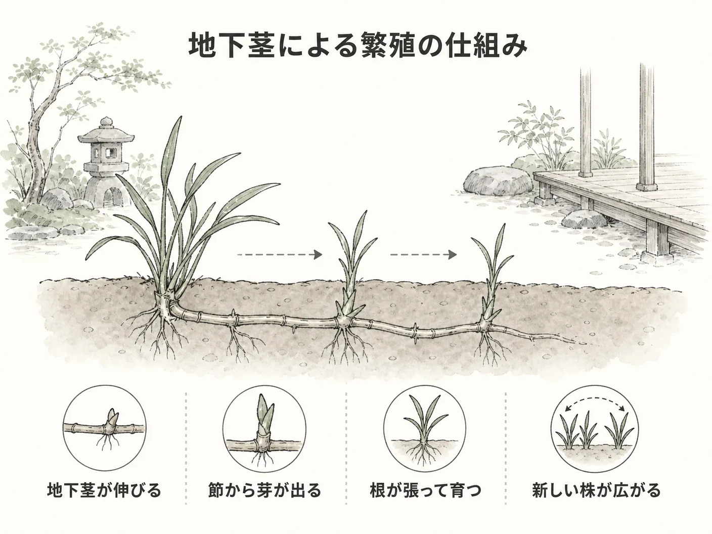 コバノズイナ 庭の「地下茎で広がる」と言われる理由と実際を表す図解イラスト