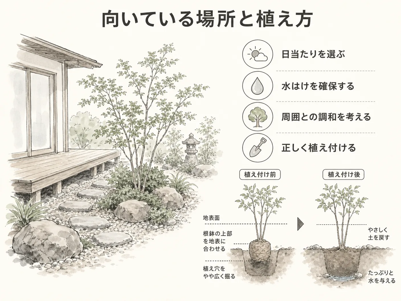 コバノズイナ 庭の向いている場所と植え方の考え方を表す図解イラスト
