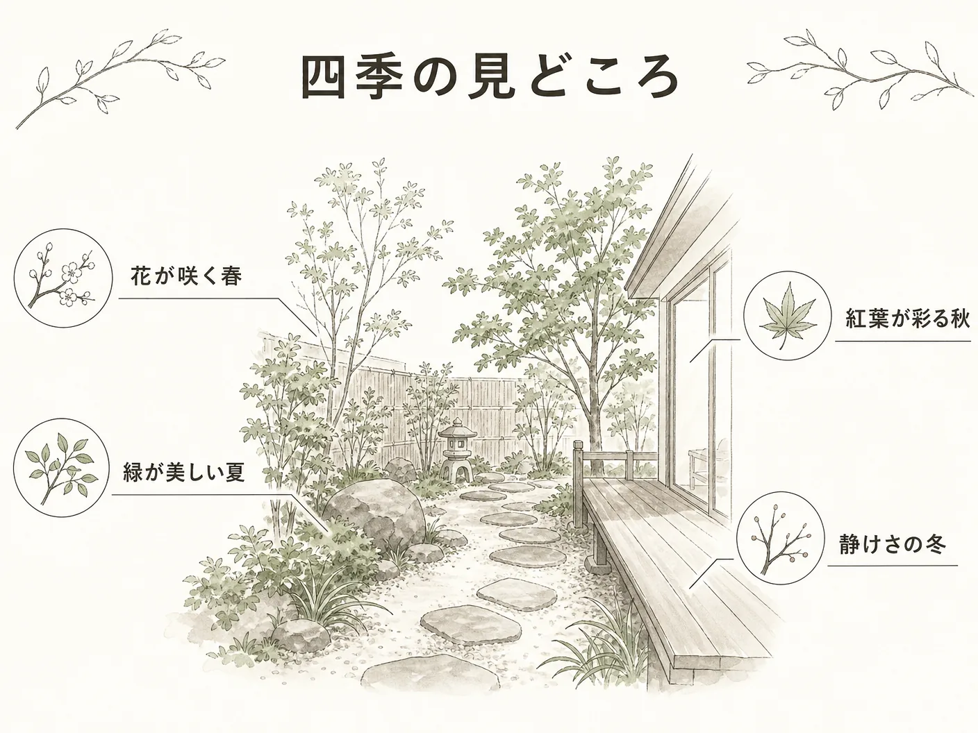 コバノズイナ 庭の四季の見どころを表す図解イラスト