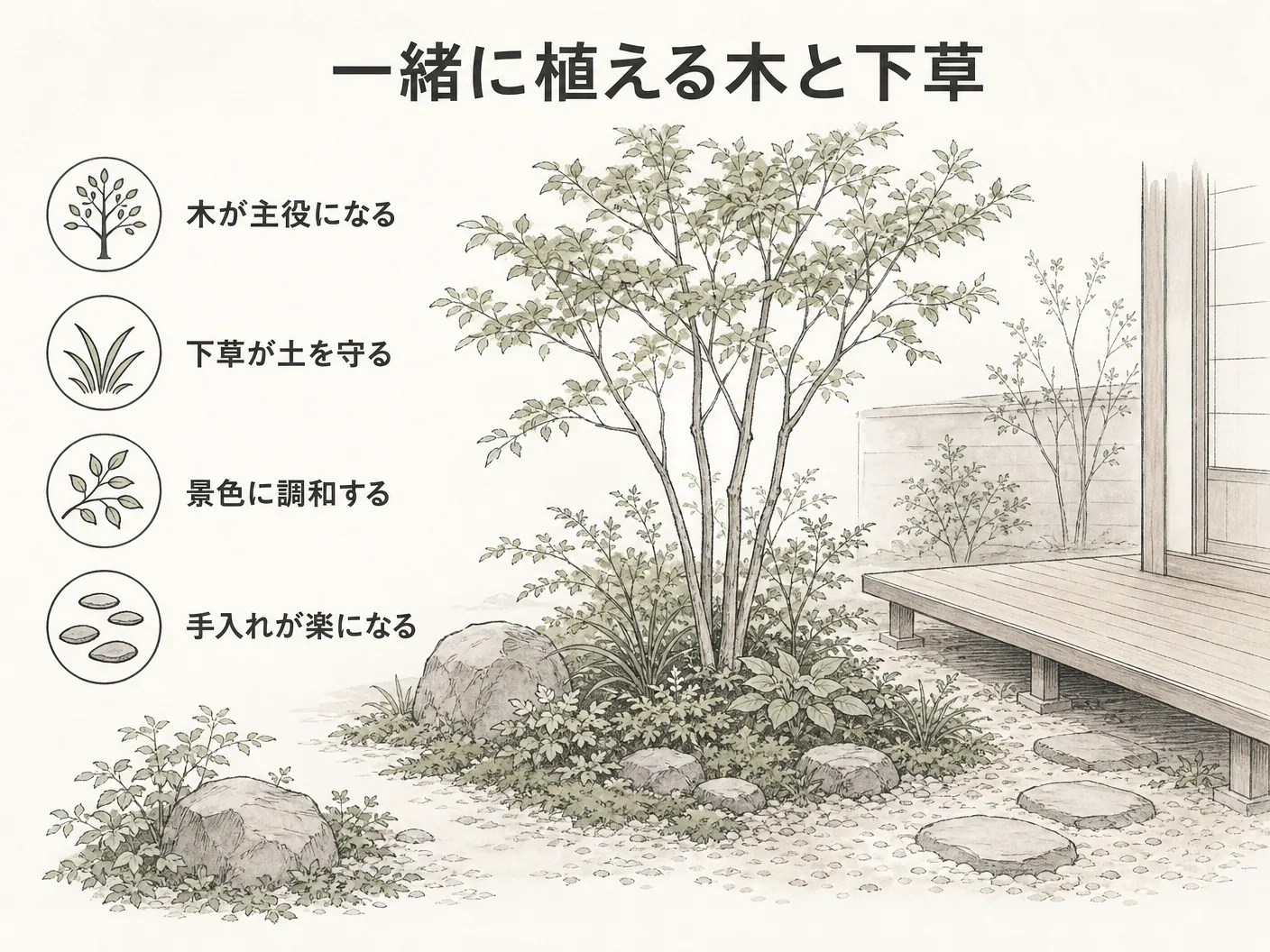 コバノズイナ 庭の一緒に植える木と下草を表す図解イラスト