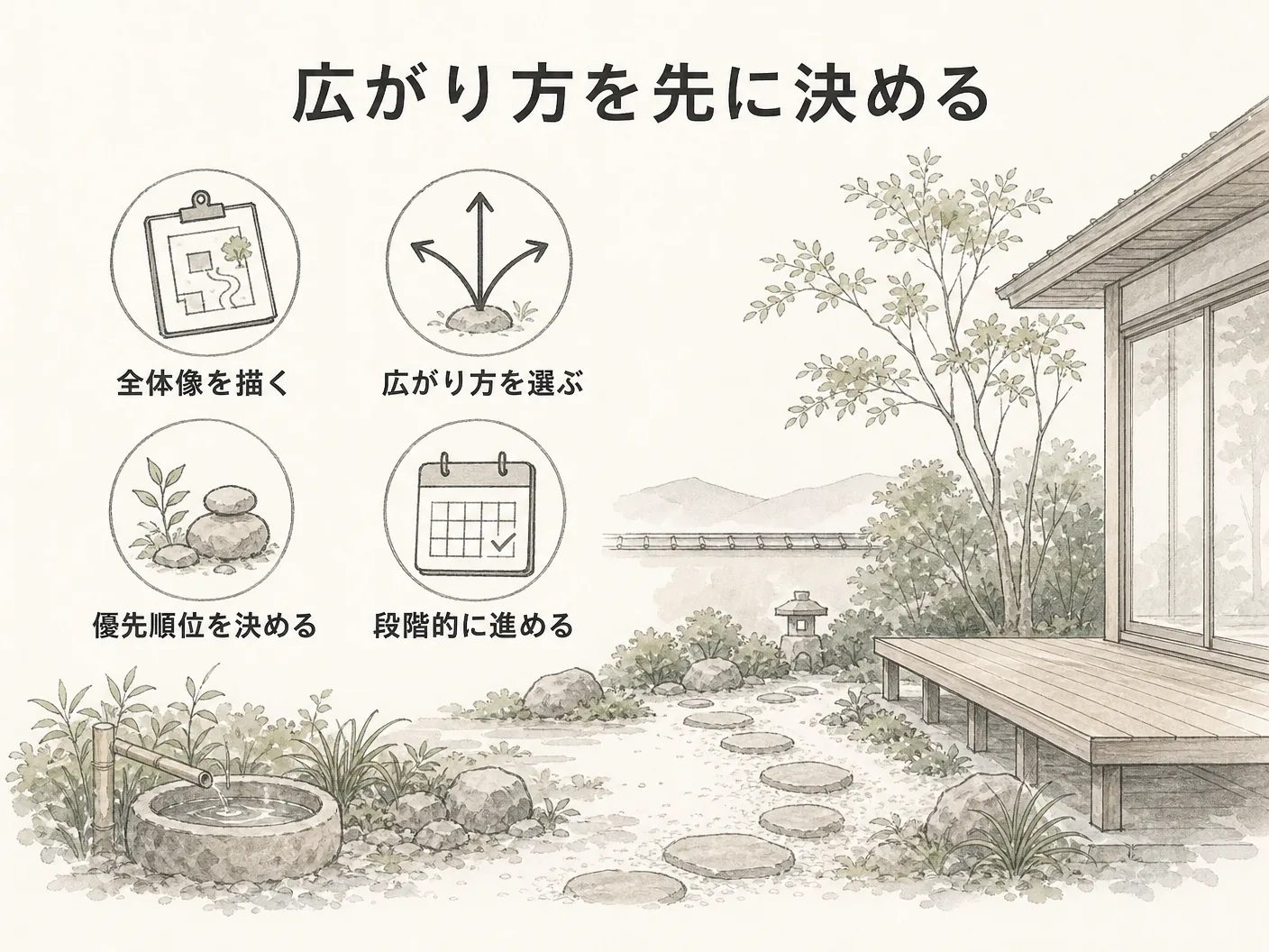 コバノズイナ 庭のまとめ：広がり方を先に決めておくを表す図解イラスト