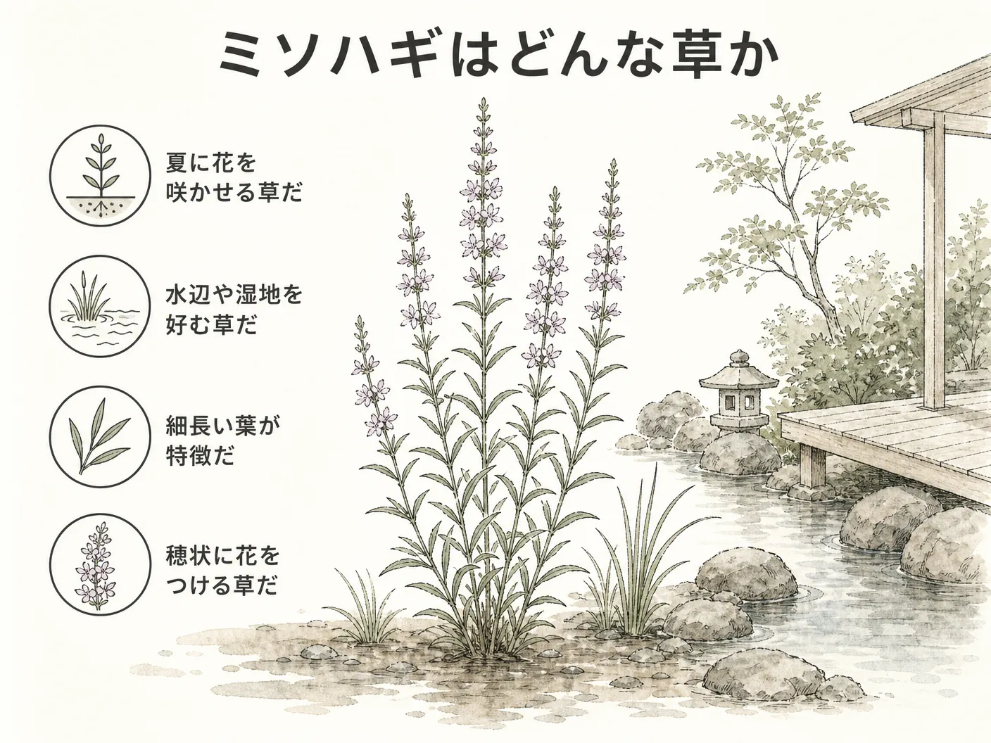 庭に植えてはいけないのミソハギはどんな草かを表す図解イラスト