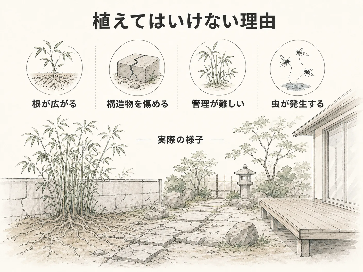 ミソハギ 庭に植えてはいけないの「植えてはいけない」と言われる理由と実際を表す図解イラスト