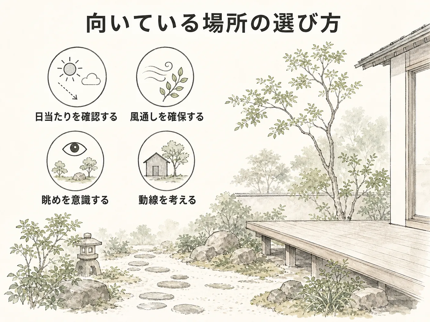 ミソハギ 庭に植えてはいけないの向いている場所の選び方を表す図解イラスト