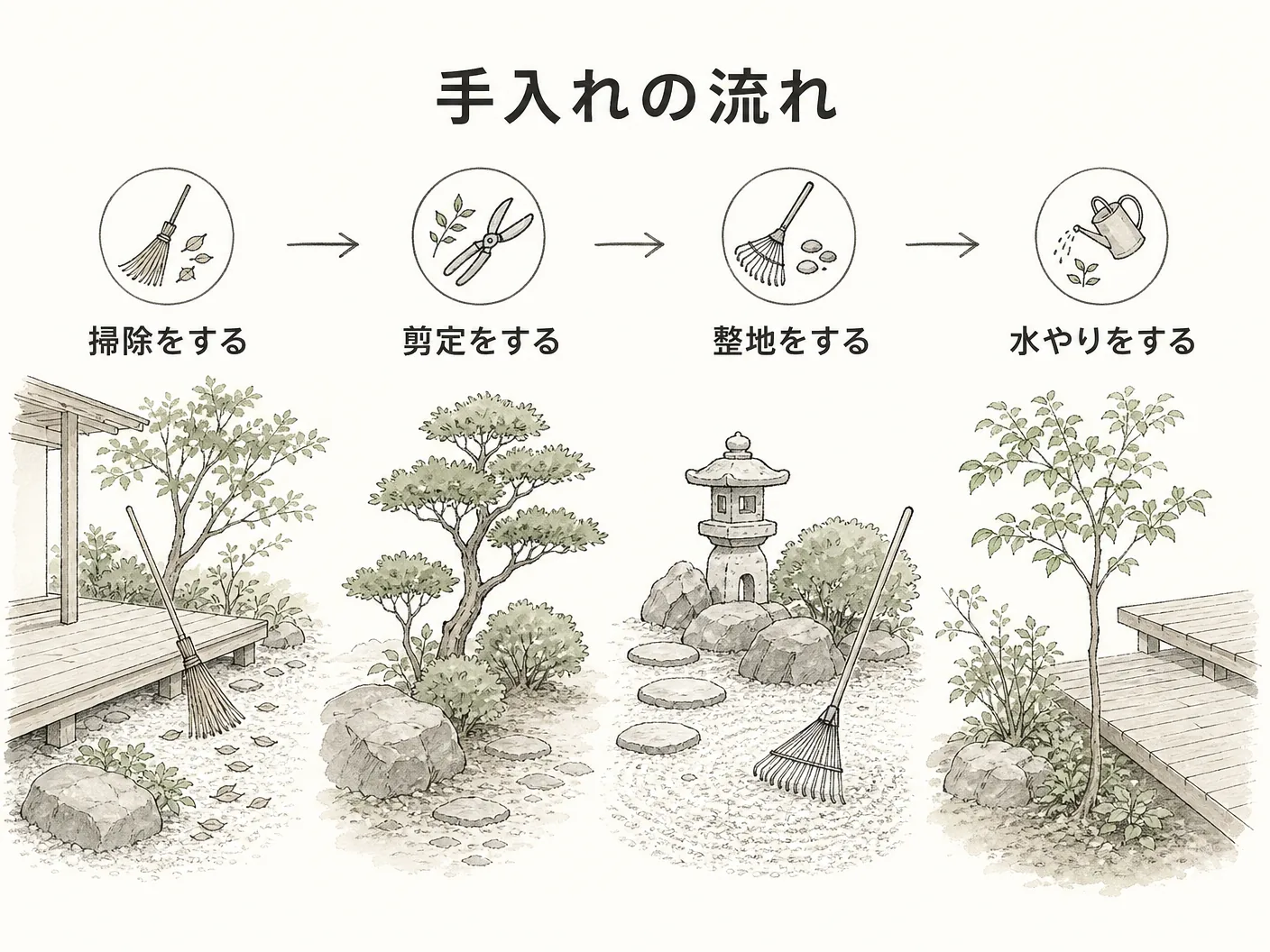 ミソハギ 庭に植えてはいけないの手入れの流れを表す図解イラスト