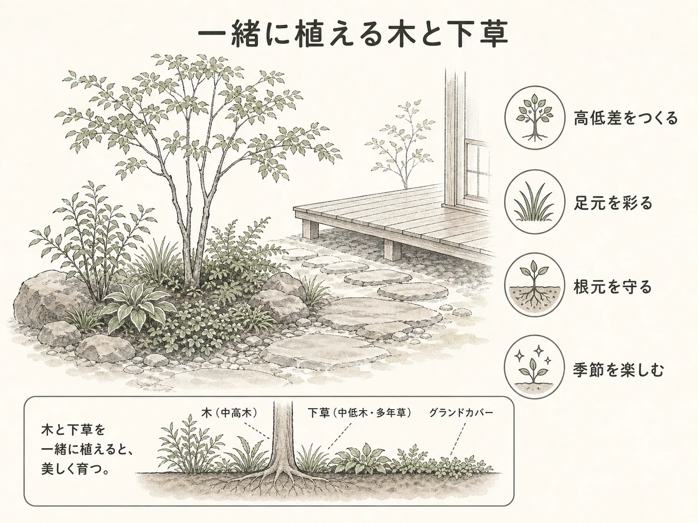 ミソハギ 庭に植えてはいけないの一緒に植える木と下草を表す図解イラスト