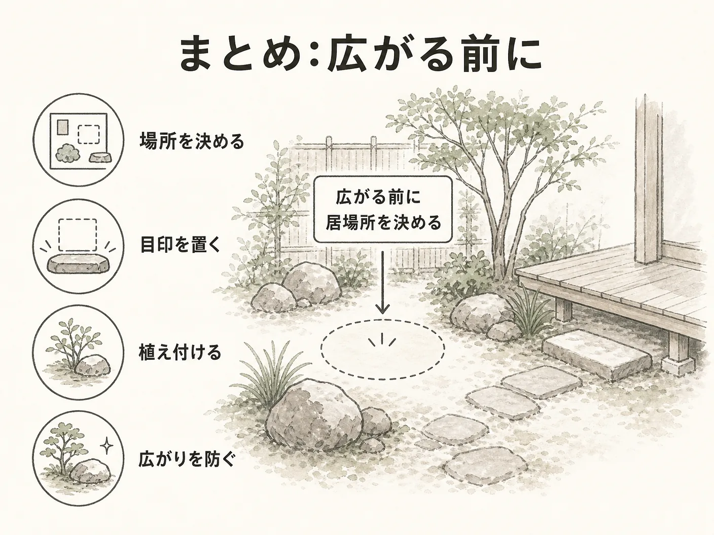 ミソハギ 庭に植えてはいけないのまとめ:広がる前に、居場所を決めておくを表す図解イラスト