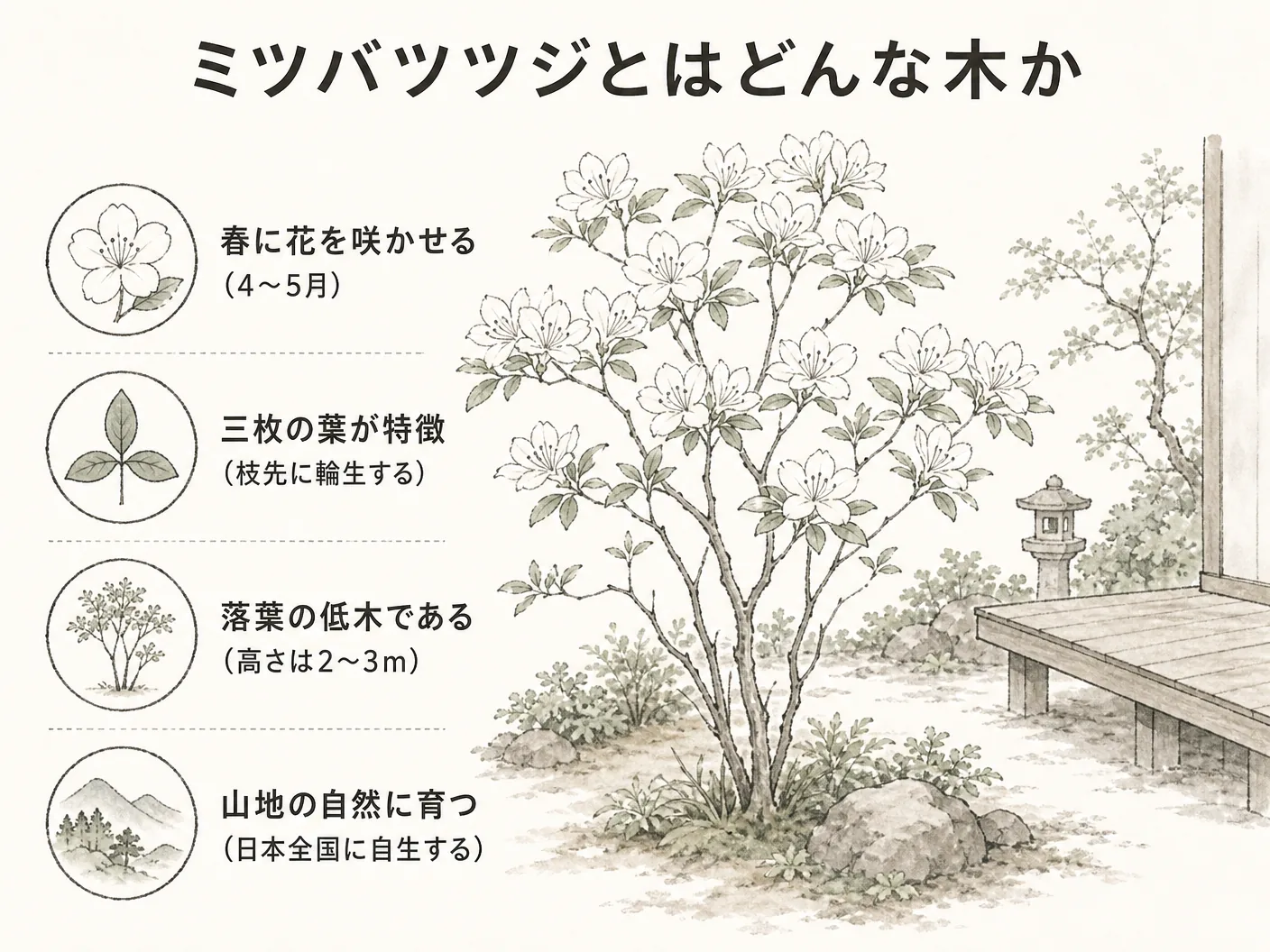 庭木のミツバツツジとはどんな木かを表す図解イラスト