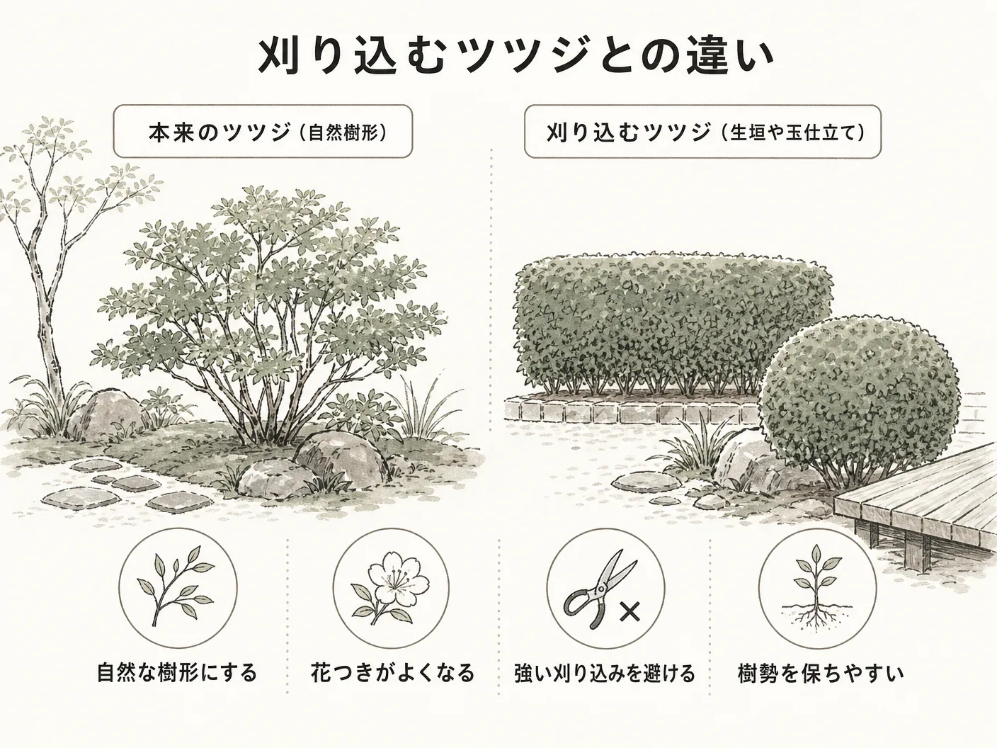 ミツバツツジ 庭木の刈り込むツツジとの違いを表す図解イラスト