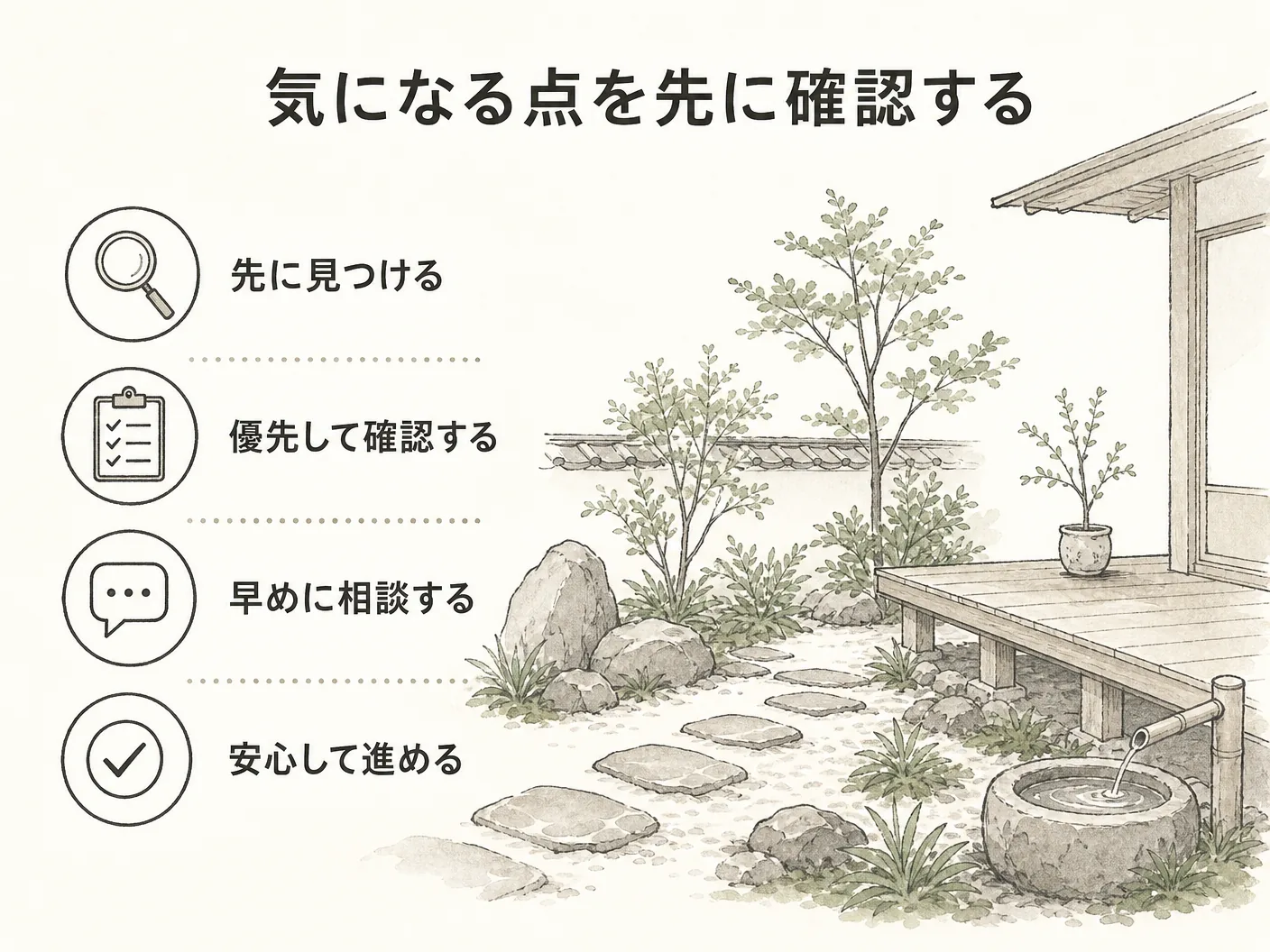 ミツバツツジ 庭木の気になる点を先に確認するを表す図解イラスト