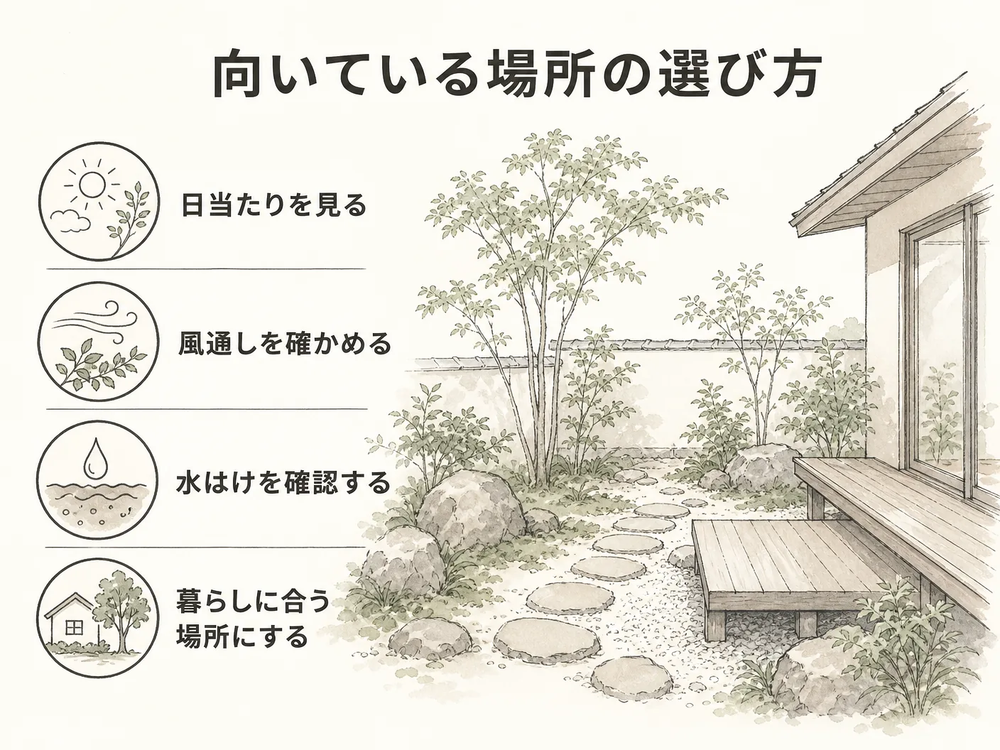ミツバツツジ 庭木の向いている場所の選び方を表す図解イラスト