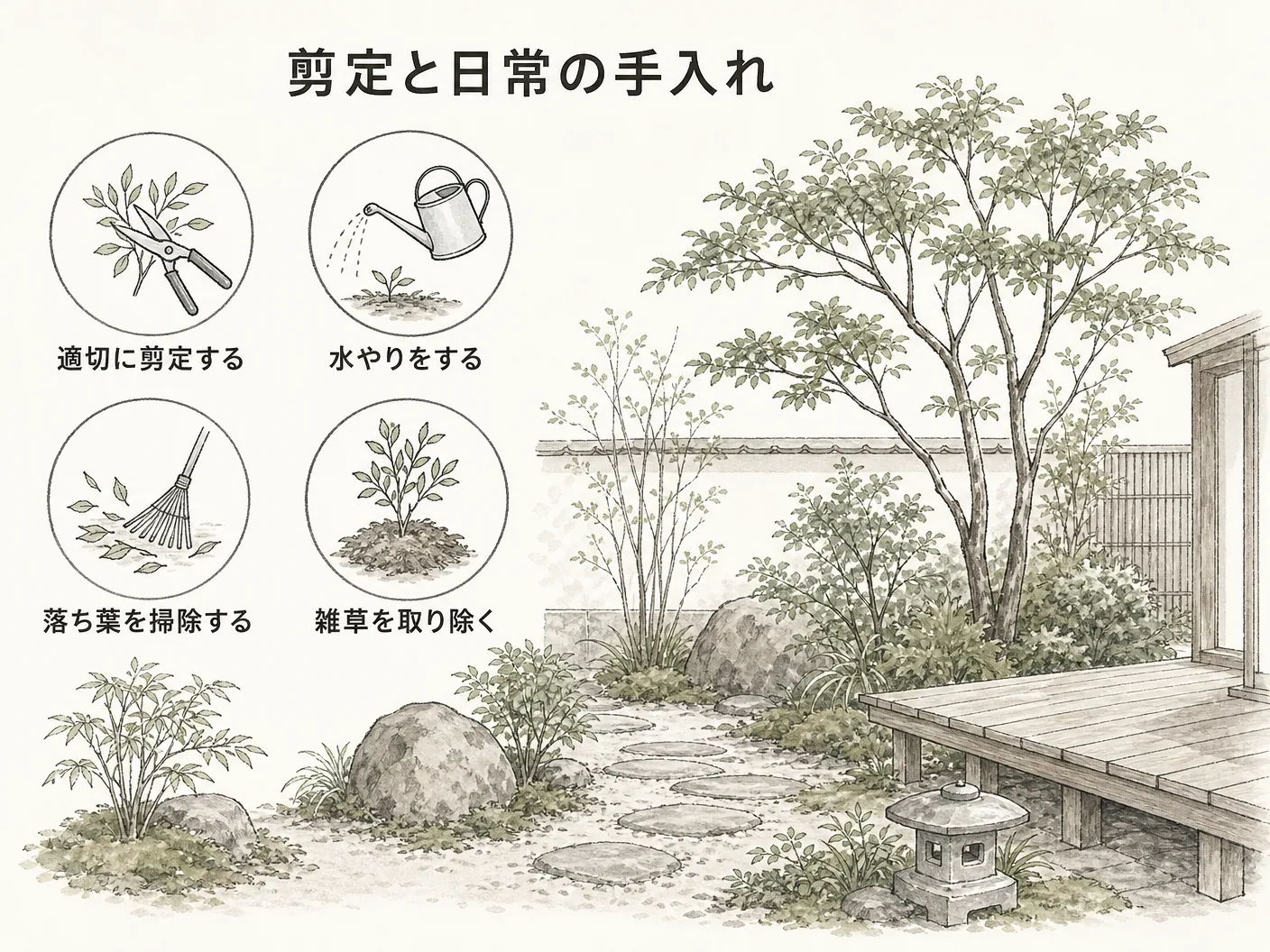 ミツバツツジ 庭木の剪定と日常の手入れを表す図解イラスト