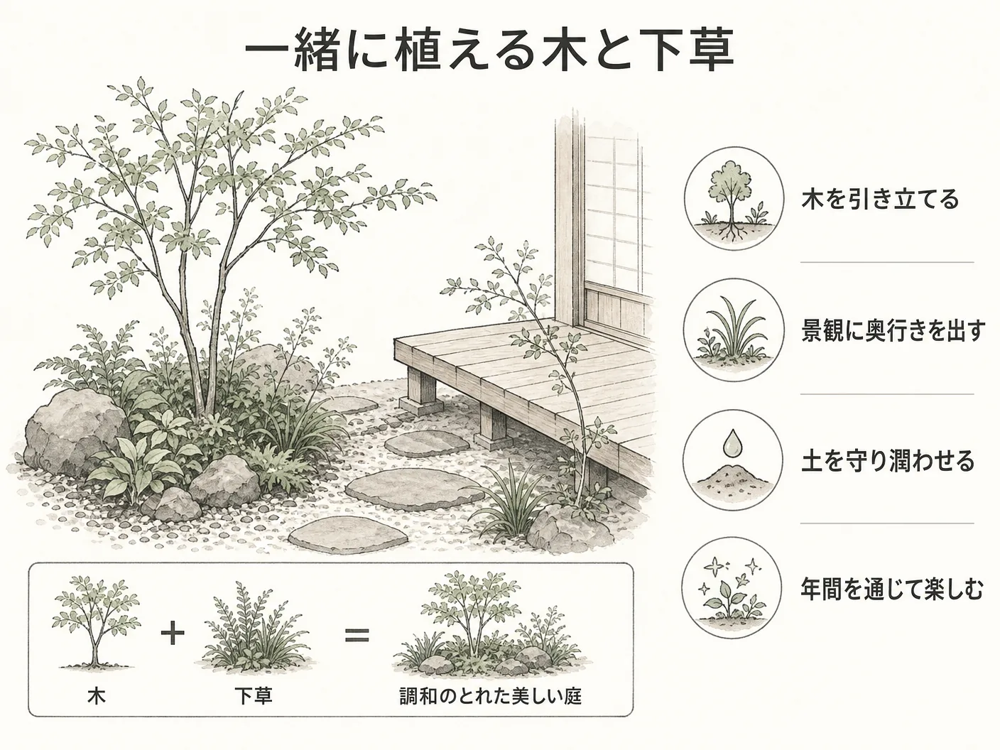 ミツバツツジ 庭木の一緒に植える木と下草を表す図解イラスト