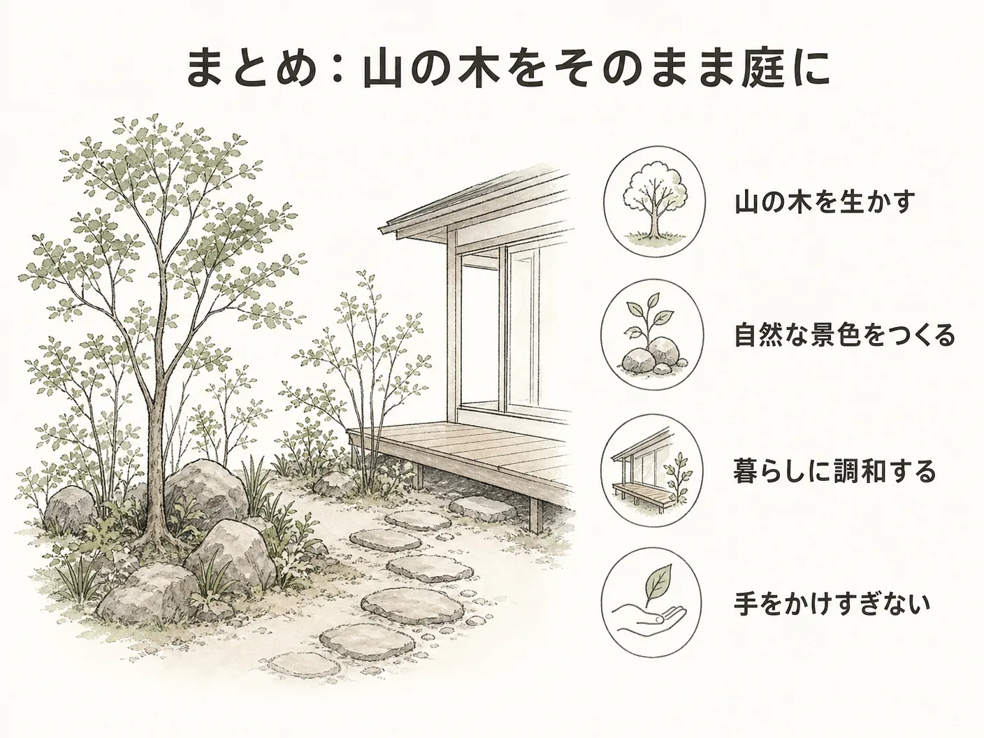 ミツバツツジ 庭木のまとめ:山の木をそのまま庭にを表す図解イラスト
