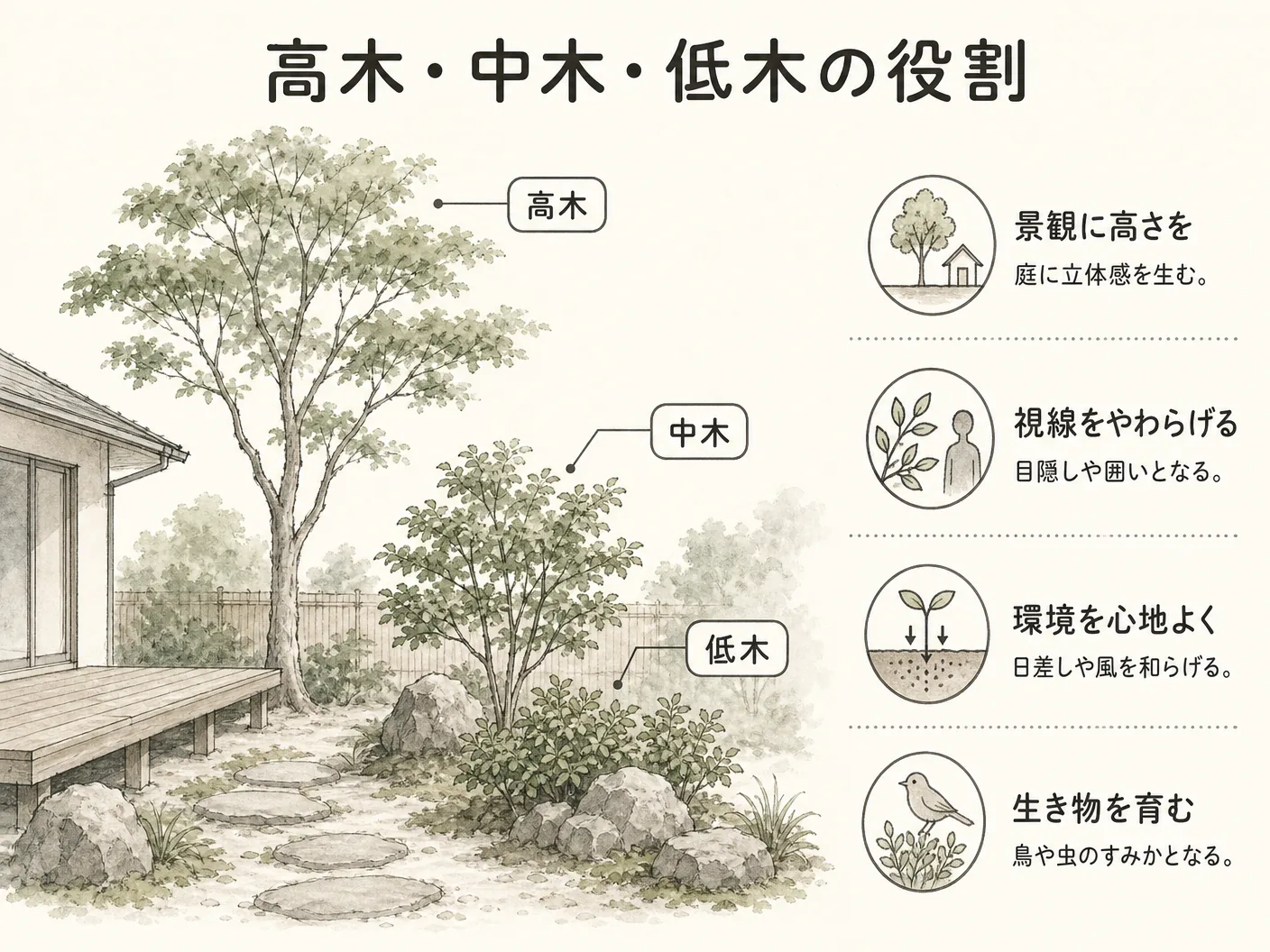 新築 外構 植栽の高木・中木・低木の役割を表す図解イラスト