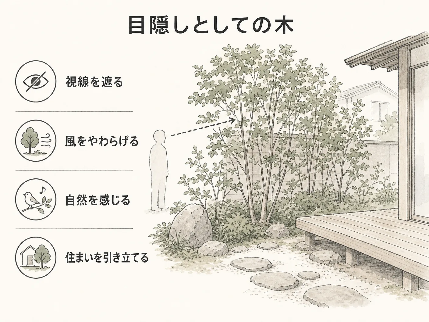 新築 外構 植栽の目隠しとしての木を表す図解イラスト