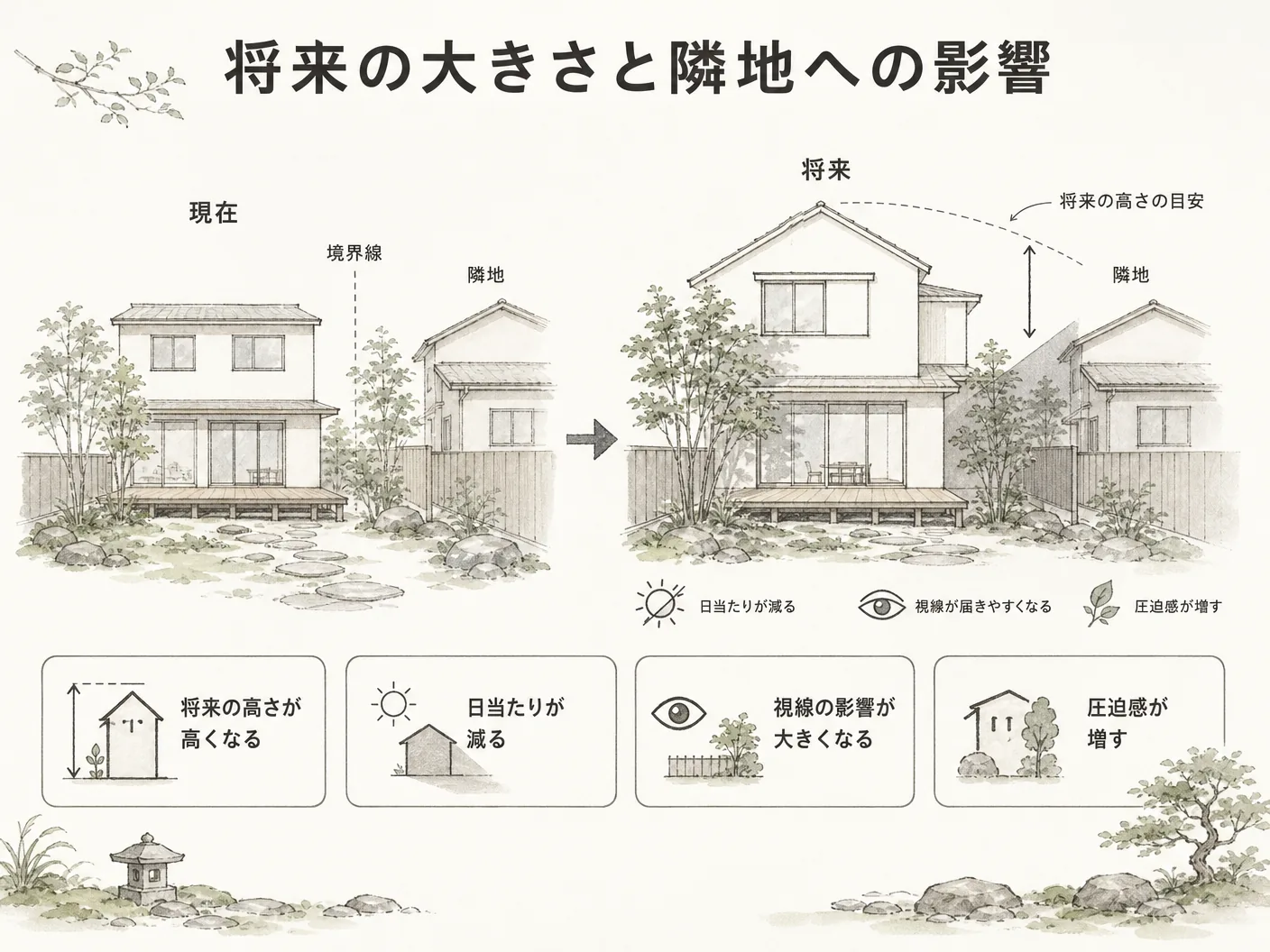 新築 外構 植栽の将来の大きさと隣地への影響を表す図解イラスト