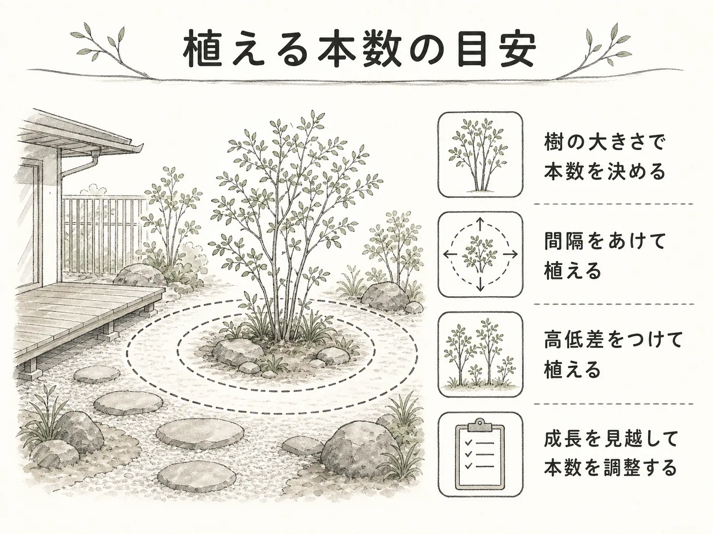 新築 外構 植栽の植える本数の目安を表す図解イラスト