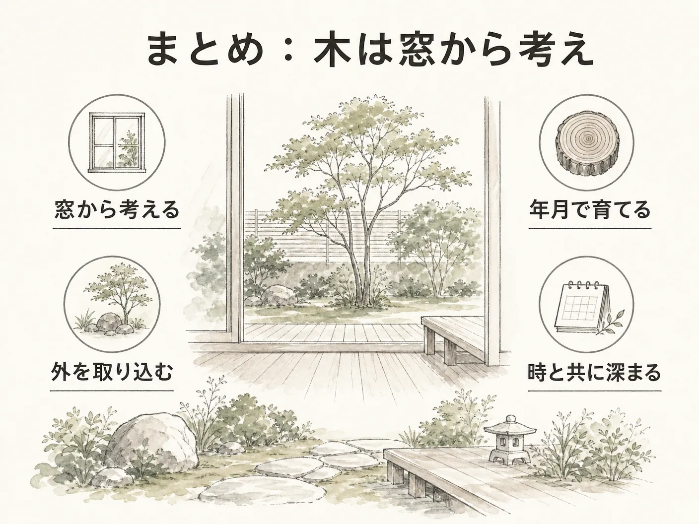 新築 外構 植栽のまとめ:木は窓から考え、年月で育てるを表す図解イラスト