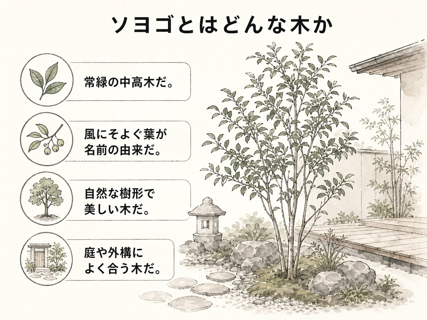 庭木 デメリットのソヨゴとはどんな木かを表す図解イラスト