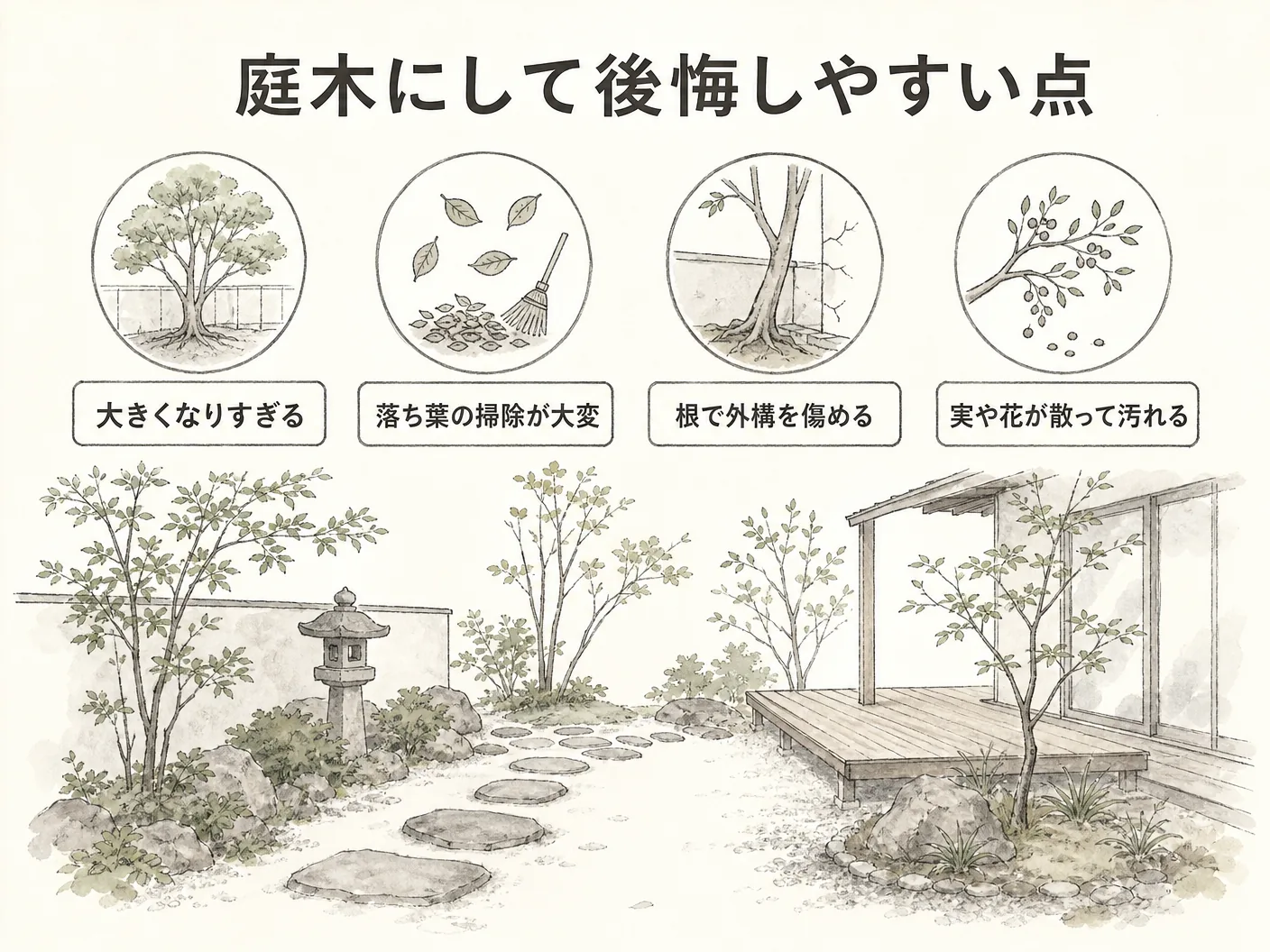 ソヨゴ デメリットの庭木にして後悔しやすい点を表す図解イラスト