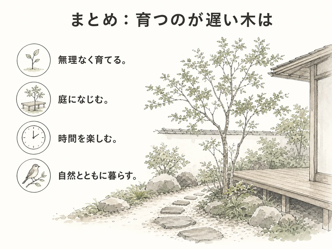ソヨゴ 庭木 デメリットのまとめ:育つのが遅い木は、庭の時間に合うを表す図解イラスト