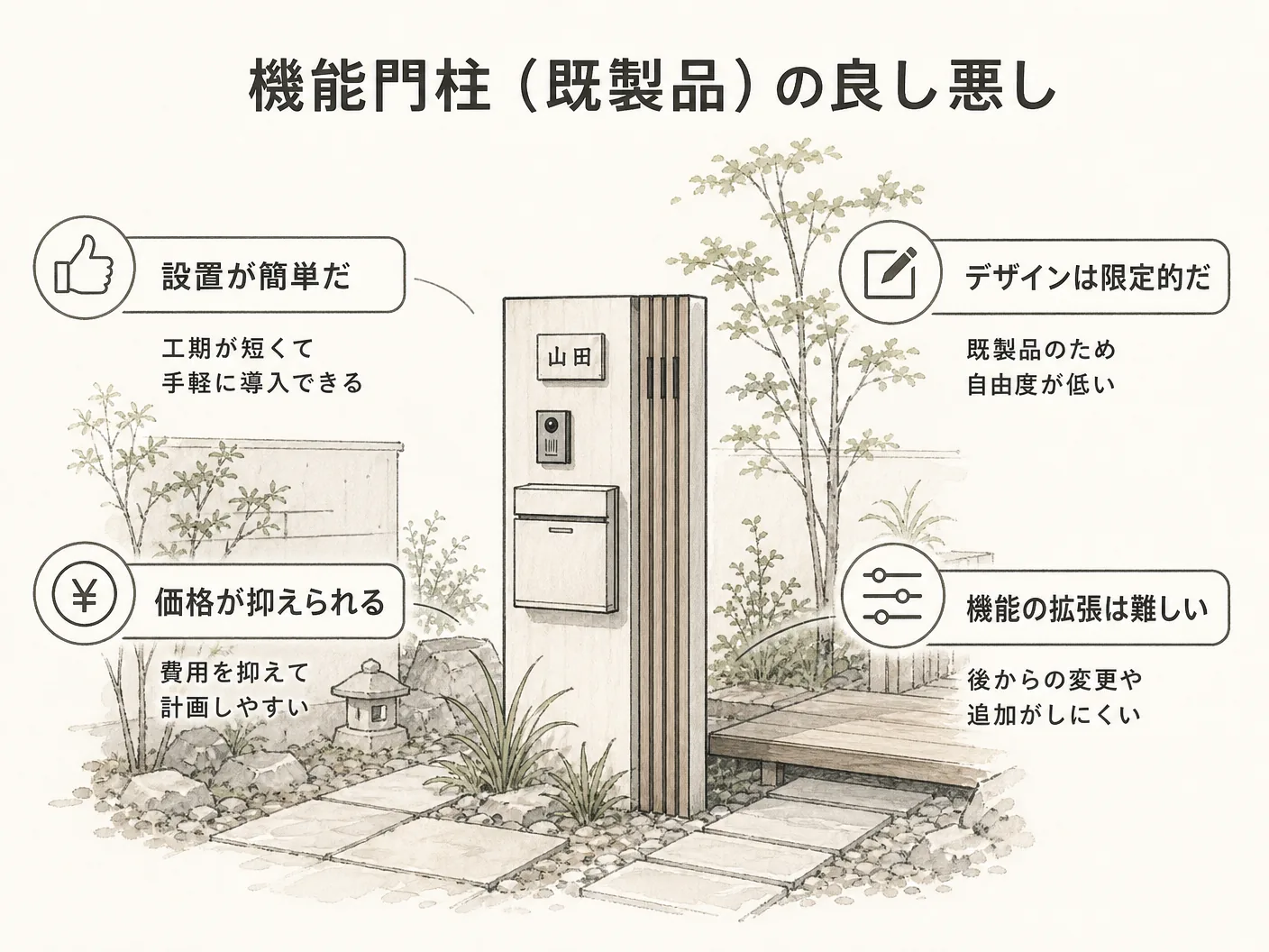 おしゃれの機能門柱(既製品)の良し悪しを表す図解イラスト