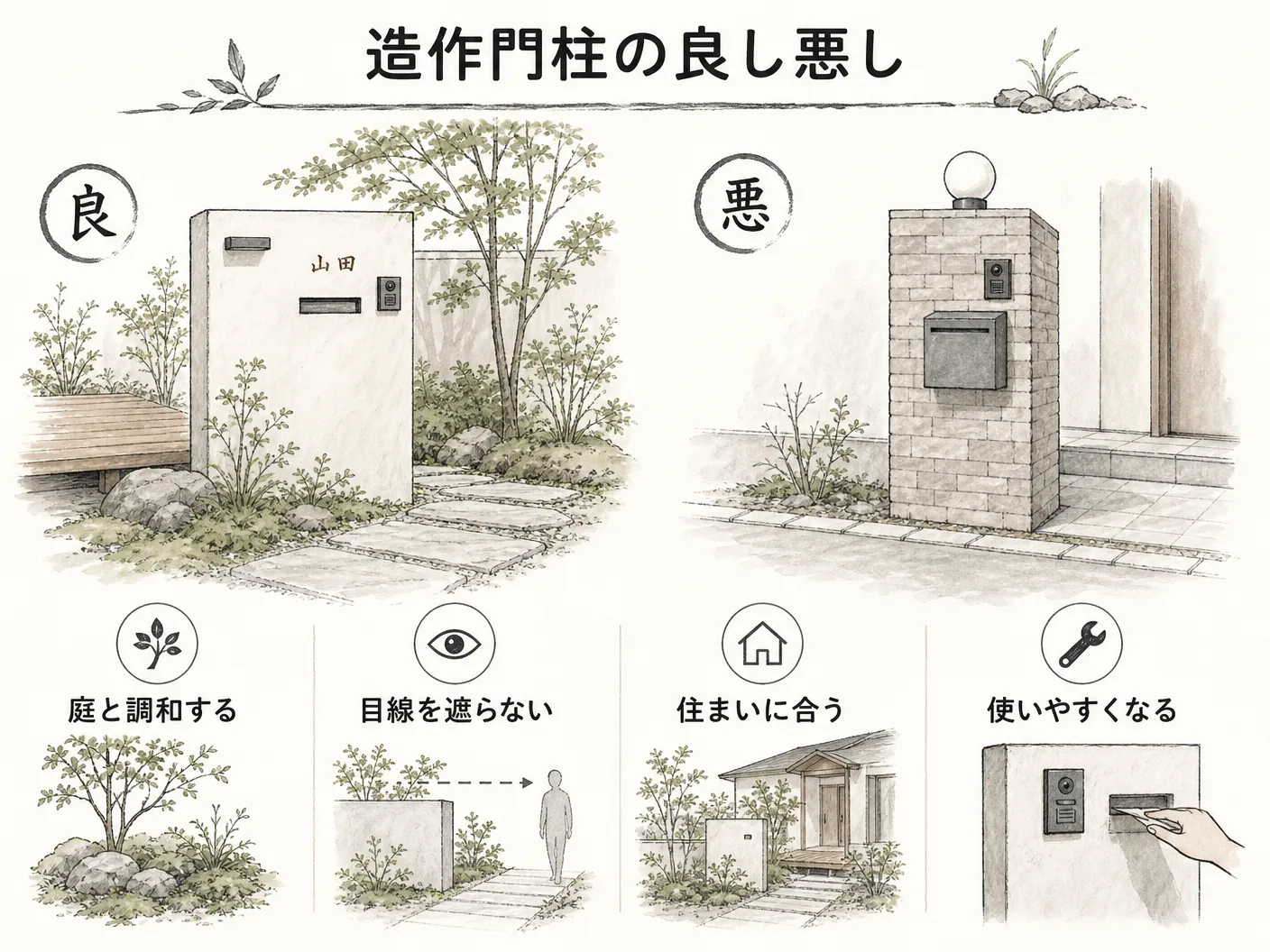 おしゃれの造作門柱の良し悪しを表す図解イラスト