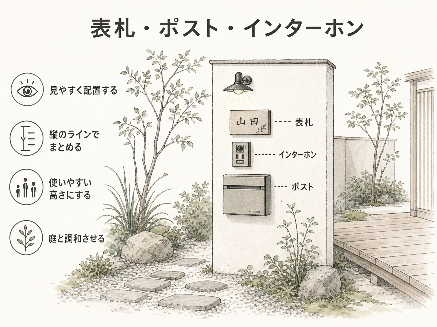 門柱 おしゃれの表札・ポスト・インターホン・照明のまとめ方を表す図解イラスト