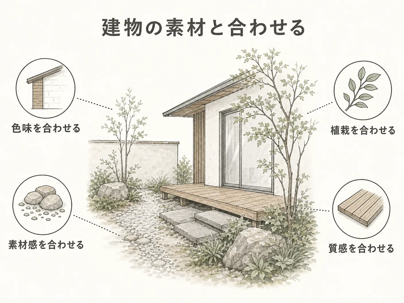 門柱 おしゃれの建物の素材と合わせるを表す図解イラスト