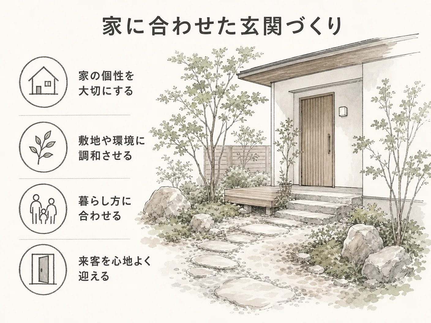 門柱 おしゃれのまとめ:家の顔は家に合わせて誂えるを表す図解イラスト