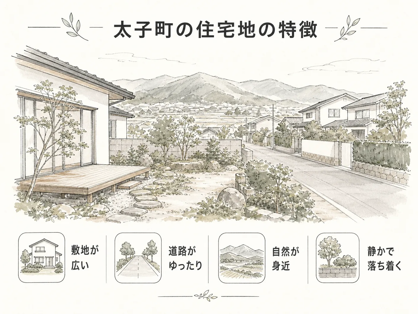 外構の太子町の住宅地の特徴——敷地の広さ・道路・周りの景色を表す図解イラスト