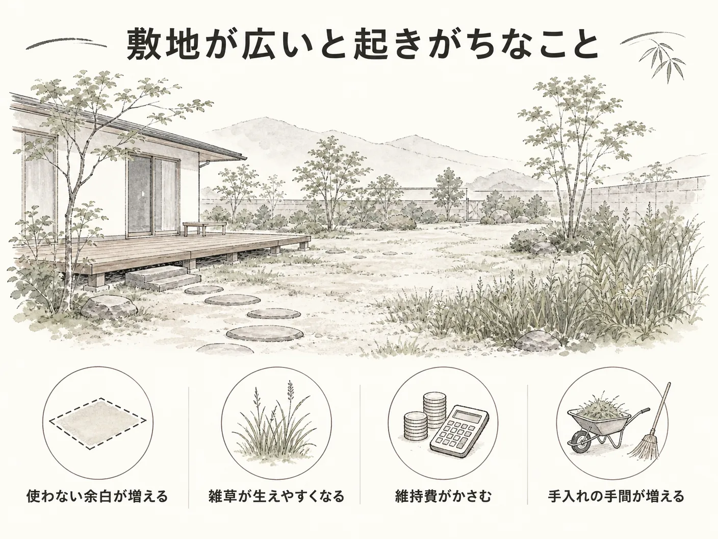 太子町 外構の敷地が広いと起きがちなこと——使わない余白と雑草問題を表す図解イラスト