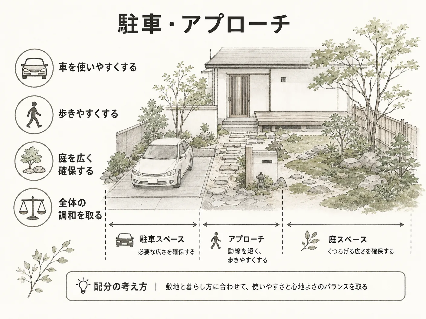 太子町 外構の駐車・アプローチ・庭の配分をどう決めるかを表す図解イラスト